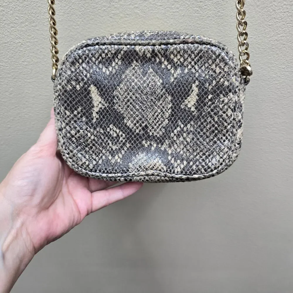 Michael Kors Snake/Python Print Leather Small Crossbody Purse Chain Detail Gray